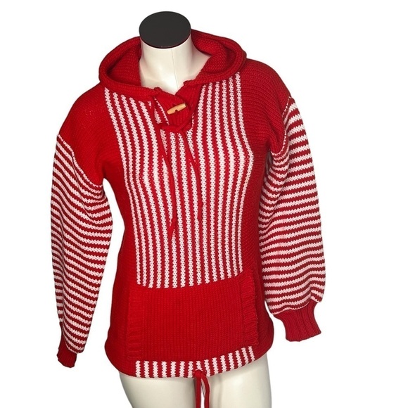 VINTAGE YOUNG STYLE Red White Striped Hooded Sweater Women's Size S/M EU 40/42 - Picture 3 of 17
